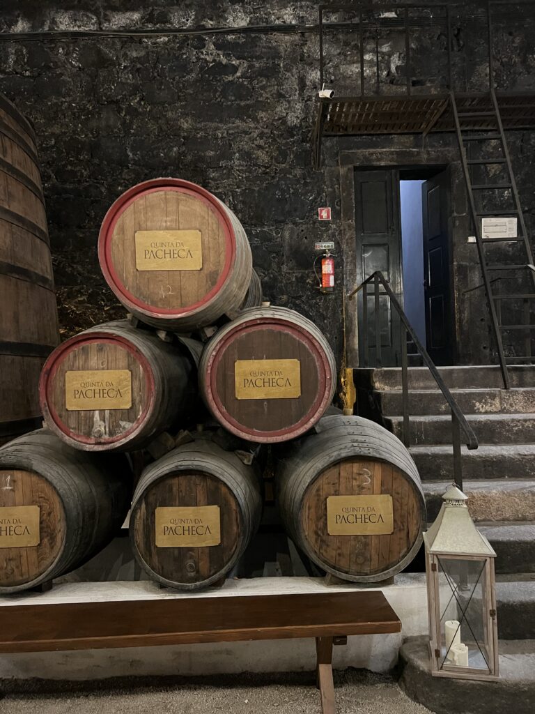 Smaller wine barrels stacked on top of one another sporting the Quinta de Pacheca logo in the wine barrel room.